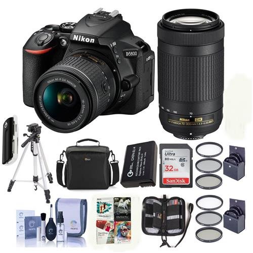 Nikon D5600 DSLR Camera Kit w/AFP DX 18-55mm f/3.5-5.6G VR and AFP DX 70-300/4.5-6.3G Lenses - Bundle with Camera Case, 32GB SDHC Card, Cleaning Kit, Spare Battery, Tripod, Software Package and More