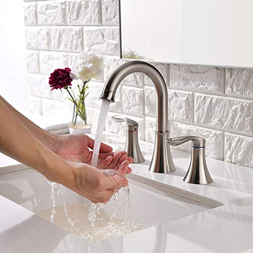 Friho Lead-Free Commercial Two Handle Three-Hole Brushed Nickel Widespread Bathroom Faucet,Bathroom Vanity Sink Faucets with Drain Stopper and Water Hoses - Thumbnail 5
