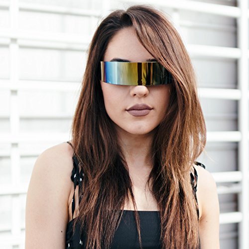 Black Retro Futuristic Single Shield Color Oversized Wrap Cyclops/Visor Sunglasses (Smoke, Yellow Mirror) - Thumbnail 2