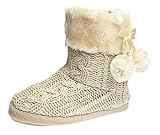 Ladies Slippers Women's Slipper Boot Faux Fur Lined with Pom Poms (Medium)