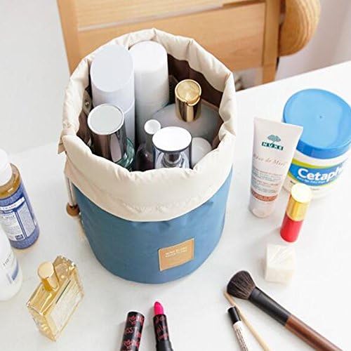 Waterproof Barrel Shaped Cosmetic Bag + Mini Zipper Jewelry Bag + Transparent PVC Pouch for Travel Hotel Household Gym, Large Capacity Drawstring Hanging Toiletry Organizer Bag for Women Men (Blue)