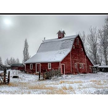 Red Barn On A Foggy Morning -Oil Painting On Canvas Modern Wall Art Pictures For Home Decoration Wooden Framed (20X16 Inch, Framed)
