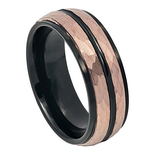 Tungsten Carbide - 8mm Two-tone Black IP Inside Rose Gold IP Hammered Finish with Black IP Center Groove Stepped Edge Wedding Band Ring