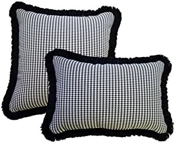 RSH DECOR Set of 2 - Indoor/Outdoor 20" Square & Rectangle/Lumbar Decorative Throw/Toss Pillows Black and White Houndstooth with Black Sunbrella Fringe - Zipper Cover & Insert