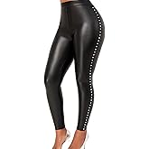 LifeShe Women Faux Leather Leggings with Rivets High Waisted Sexy Skinny Pants