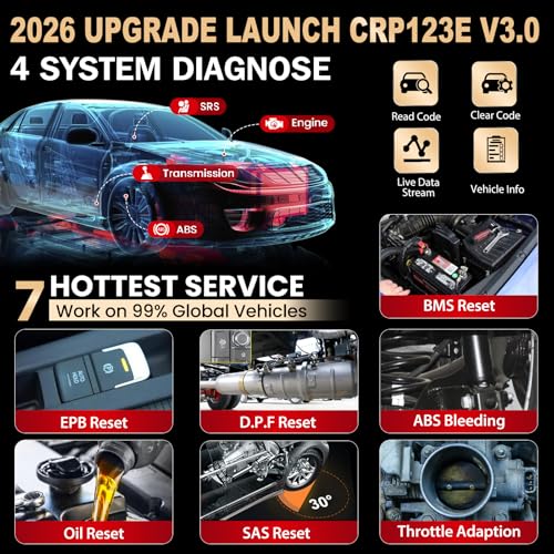 LAUNCH CRP123E OBD2 Car Diagnostic Tool Reader, Car Code Reader for Engine, ABS, SRS, Automatic Transmission, with Steering Angle Reset, Throttle Adjustment, Oil Reset, Free Lifetime Upgrade
