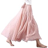 BININBOX Women's Bohemian Style Elastic Waist Band Cotton Linen Long Maxi Skirt Dress Double Layer Skirts