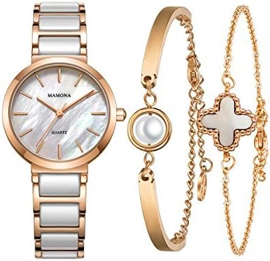 Ladies Quartz Mother Of Pearl Watch-MAMONA Rose Gold White Ceramic and Stainless Steel Women bracelet set 3876LRGT