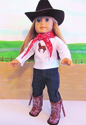 WESTERN COWGIRL COWBOY OUTFIT ~ 18 Inch Doll Clothes For American Girl HAT,BOOTS,JEANS,BANDANNA,HORSE TOP !! COMPLETE SET!
