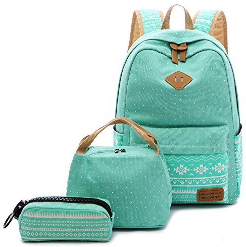 BLUBOON Teens Backpack Set Canvas Girls School Bags, Bookbags 3 in 1 (Water blue-03)
