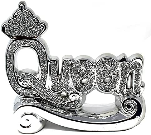 CRYSTAL CROWN® Silver Sparkle King/Queen Shelf Sitter Bling Ornament | home decoration Ornament Bling Crushed Diamond Gift | CRYSTALLIZED decorative letter blocks sight words (Queen)