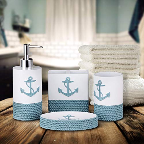 tideandtales decoración de baño náutica juego de accesorios de baño de 4 piezas | decoración de baño de cuerda y ancla con tema de océano y mar | dispensador de jabón de baño coastal | decoración de baño de playa