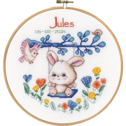 VERVACO Kit Punto De Cruz Bebe Nacimiento Regalos DIY Completo CONEJO EN EL COLUMPIO Creativo Manualidades Creatividad Adultos Decoracion Pared Bordar Kit Principiantes ca. 20 x 20 cm Cross Stitch