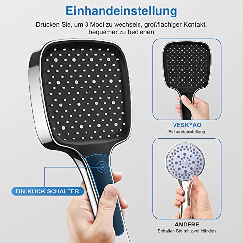 Duschkopf Regendusche Druckerhöhend, VESKYAO Hochdruck Duschbrause mit Ergonomischem Handgriff, Groß Handbrause Wassersparend mit 3 Strahlarten, Verchromter Brausekopf