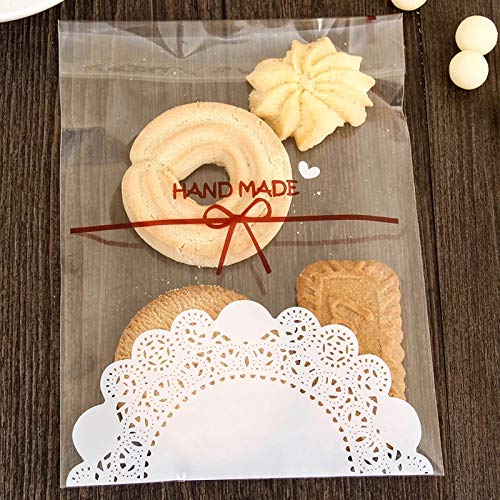 Efivs Arts 200pcs Lovely Lace Bowknot Candy Bags wrappers Self Adhesive OPP Cookie Bakery Decorating bags Biscuit Roasting Treat Gift DIY Plastic Bags for Halloween Christmas Day 5.5x5.5 inch