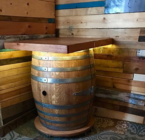 Wine Barrel Table or Bar with Oak Top, Shelf, Wine Glass Rack, LED Lights on Mobile Base.