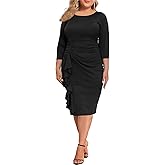 Plus Size Dresses for Curvy Women 3/4 Sleeve Bodycon Fit Ruffle Midi Pencil Dress