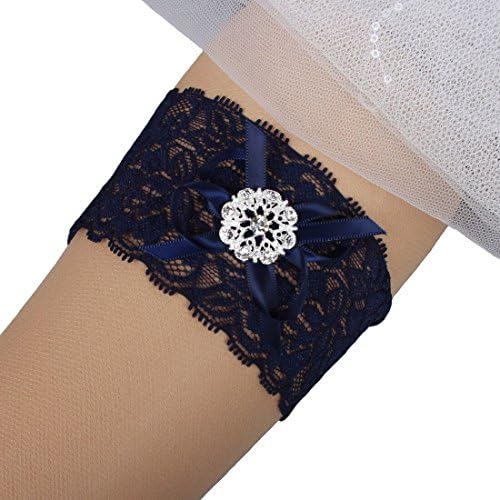 PHSOAR Handmade Lace Bridal Wedding Garter with Plum Blossom Rhinestones Navy Blue XXXL