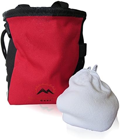 Durable Climbing Chalk bag featuring Large Zippered Pocket and water resistant outer layer great for climbing gymnastics and weight lifting - combo pack comes with refillable chalk ball (Red)