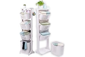 Japard 108 Liters Vertical Rolling Laundry Compact Hamper Ultra Slim, 4 Sorter Cart with Wheels and Breaks, 4-tier Baskets Detachable for Small Space, Dorm, Closet, Bathroom, Easy Assembly White Gray