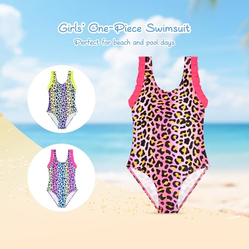 Power Flower Girls' Leopard Swimsuit with Ruffles and Bow on the Back Quick Dry for Beach Pool Holidays 2-10 Years