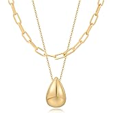 FAMARINE Gold Layered Necklace for Women Paperclip Chain Necklace Teardrop Pendant Necklace