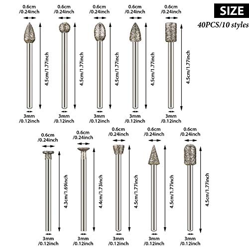 60 Grit 40 Pieces Diamond Burr Set Rotary Grinding Burrs Drill Bits Set