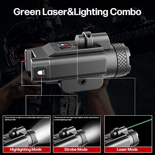 SUPREUN 1500 Lumen Pistol Light,Tactical Flashlight Green Laser and White LED Combo with Weaponlight Tactical Strobe,Magnetic USB Rechargeable,Compatible with 1913 or GL Rail, Built-in Battery