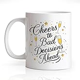 Gkodw Cheers To Bad Decisions Ahead Funny 11oz Double-Sided Ceramic Mug, New Year Cheers Mug for Family Friend, Humor New Year Coffee Cup, Christmas Celebration Gifts for Coworker Staff Coffee Lovers