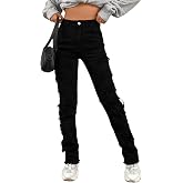 Wonyier Women's High Waisted Straight Leg Slim Fit Patchwork Stretch Jeans | Raw Hem,Y2K Stacked Mom Boyfriend Jeans for Teen Girls,Casual Slim Skinny Petite Denim Pants,2000s Fashion Streetwear