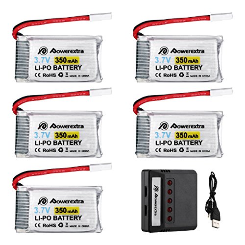 Powerextra 5pcs 3.7V 350mAh Lipo Battery for Hubsan X4 (H107C, H107D, H107L), Syma X11 X11C, TDR Spider,Holy Stone HS170,HS170C,F180W,F180C RC Quadcopter