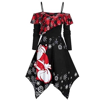 Amazon Com Christmas Dresses For Women Santa Claus Snowflake Print Christmas Party Dress Sling Cold Shoulder Asymmetrical Warp Rockabilly Dress Black Clothing