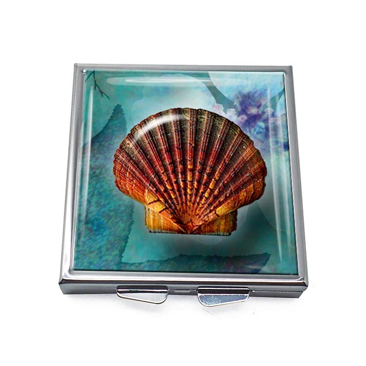Sea Shell Design Pill Box Metal Square 6cm with 4 Sections and Mirror (01)