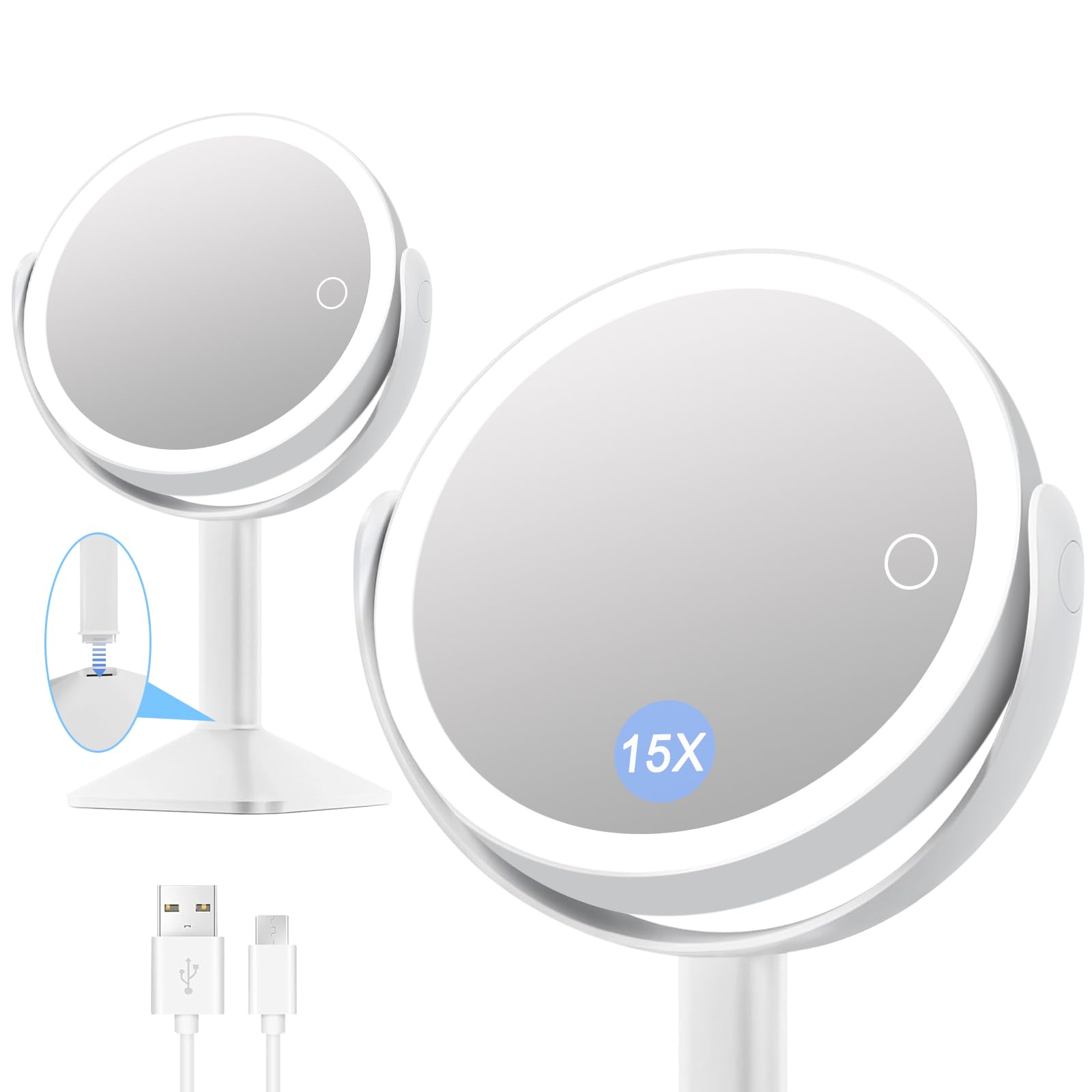 Photo 1 of 8.5inch 2600mAh Rechargeable Lighted Makeup Mirror,15X/1X Magnifying Double-Sided LED Vanity Mirror with Lights, 3 Color Lights, 360° Rotatable Desk Mirror with Touch Screen Dimmable, Gift for Women