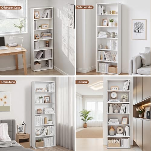 OSLIFE 200cm Librero Organizador Elevado, Mueble Organizador de Madera,6 Repisas Abiertas, Ahorra Espacio,Estantes,Repisas de Madera,Librero Minimalista para Dormitorio,Sala,Oficina,Cocina (Blanco)