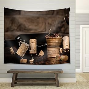 Concept Lot of Alcohol on a Party by Wine Cork Figures - Fabric Wall Tapestry Home Decor - 51x60 inches
