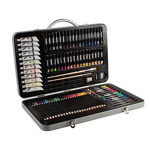 Mont Marte 90-Piece Premium Art Set, Wood Art Supplies for Painting and Drawing, Essentials Art Kit in Portable Aluminium Case, Includes Acrylic Paint, Oil Pastels, Color Pencils, Art Brushes