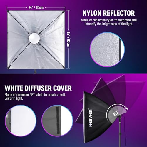Neewer RGB Softbox Lighting Kit with App Control & 9 Effect Modes, 2 Pack 24W CE/UKCA Certified LED Bulbs CRI93+ TLCI98+, E27 Porcelain Sockets, 24" Softboxes, for Studio Photography Lighting, NK800