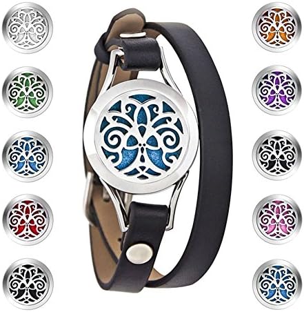 Alaxy Essential Oils Diffuser Bracelet Leather Band, Carving Round Stainless Steel Aromatherapy Locket Bracelets Leather Band with 10 Color Pads, Gifts for Women