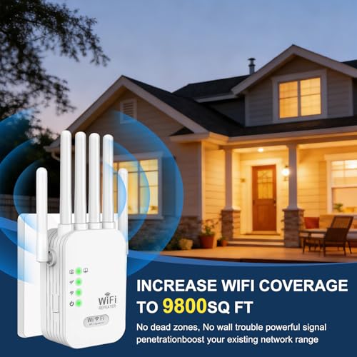 WiFi Repeater,WiFi Extender Signal Booster,1200Mbps,5G/2.4G Dual Band WiFi Extender with Ethernet Port,9800 sq ft Coverage,Supports 50+ Devices,Repeater/AP Mode,Six Antennas,WPA2,One-touch Setting