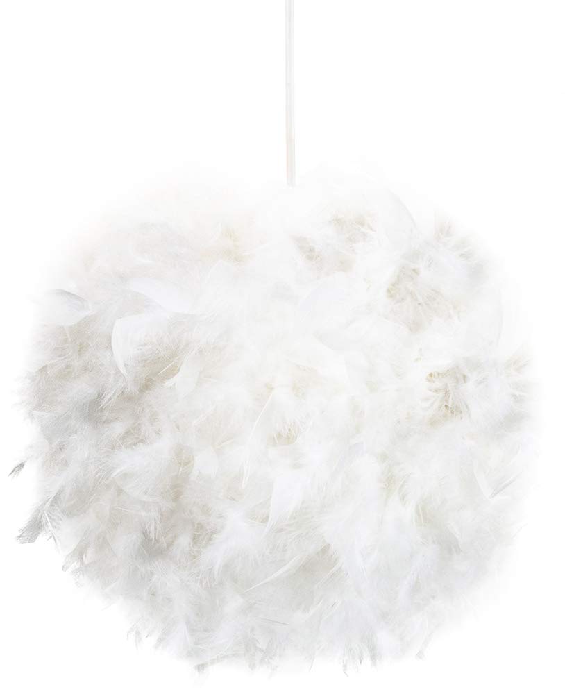 Eye-Catching and Modern Real Natural White Feather Decorated Small Pendant Light Shade 40watt Maximum Perfect Statement Piece 25cm Diameter by Happy Homewares