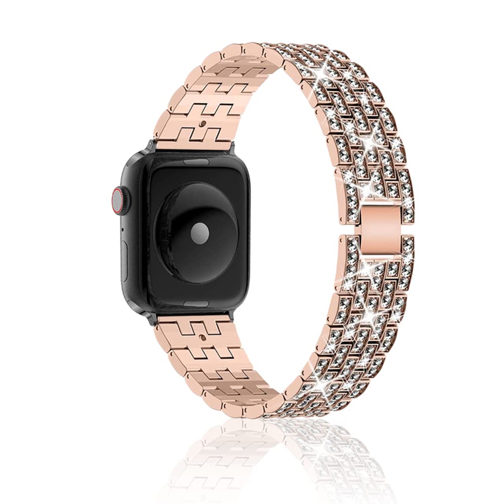 Niboow Strap for Apple Watch 49mm 46mm 45mm 44mm 42mm Series 11/10/9/8/7/6/5/4/3/2/1/Ultra 3/Ultra 2, Diamond Metal Watch Bands for Apple iWatch SE 3/SE 2-Rose Gold