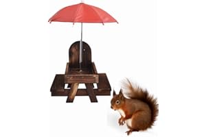 Lovgrin Squirrel Feeder, Wooden Squirrel Feeding Table with Umbrella, Complete with Corncob Clip and Peanut Tray, for Squirre