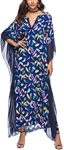 JYUAN Women's Floral Kaftan Tunic Dress V Neck Loose Beach Maxi Dresses Cover Up