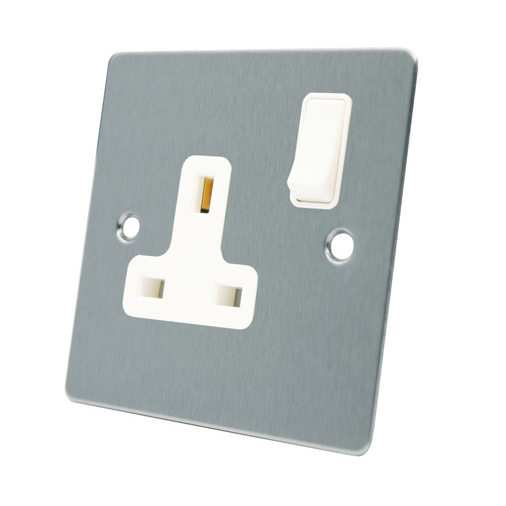 AET FSC1GSOCWH Satin Chrome Flat 1 Gang White Insert Plastic Rocker Switch-13 Amp Single Plug Socket, 240 V