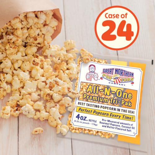 4OZ POPCORN MACHINE POPCORN PACKETS – ALL-IN-ONE MOVIE THEATER STYLE POPCORN KERNELS, SALT, AND OIL PACKS BY GREAT NORTHERN POPCORN (24 CASE)