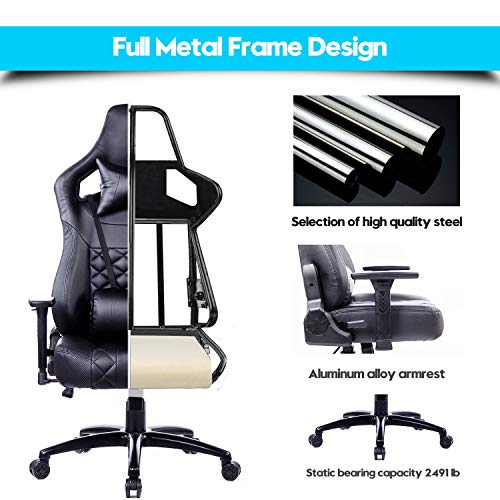 Blue Whale Big and Tall Gaming Chair Computer Chair with Massage Lumbar Support Heavy Duty Matel Base Gamer Racing PC Gaming Chair High Back Ergonomic Office Desk PU Leather Reclining Chair Black - Thumbnail 3