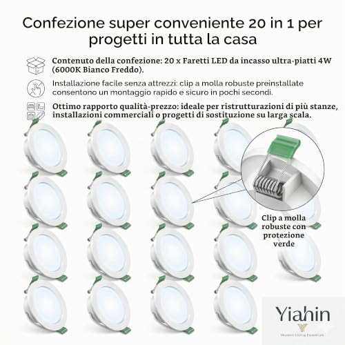 Recessed LED Spotlights Set of 20, 4W 339LM Cool White 6000K, Ultra Flat Ceiling Spotlights 230 V Without Transformer, Plastic LED Spotlight, Depth 28 mm, Not Dimmable for Bathroom Kitchen
