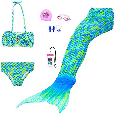 AUIE SAOSA Girl Mermaid Tail for Swimming Swimwear Cover up Sets Girls Goggles 7pcs Green G150