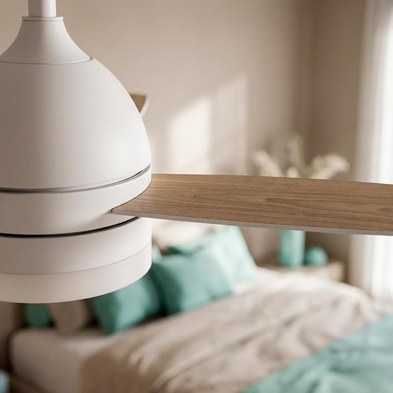 – Deckenventilator mit verstellbarem LED-Licht | Weißer Fächer aus Naturholzimitat | Fernbedienung | 3 Geschwindigkeiten | 70W| Timer| Durchmesser 106cm| Sommer- und Winterfunktion